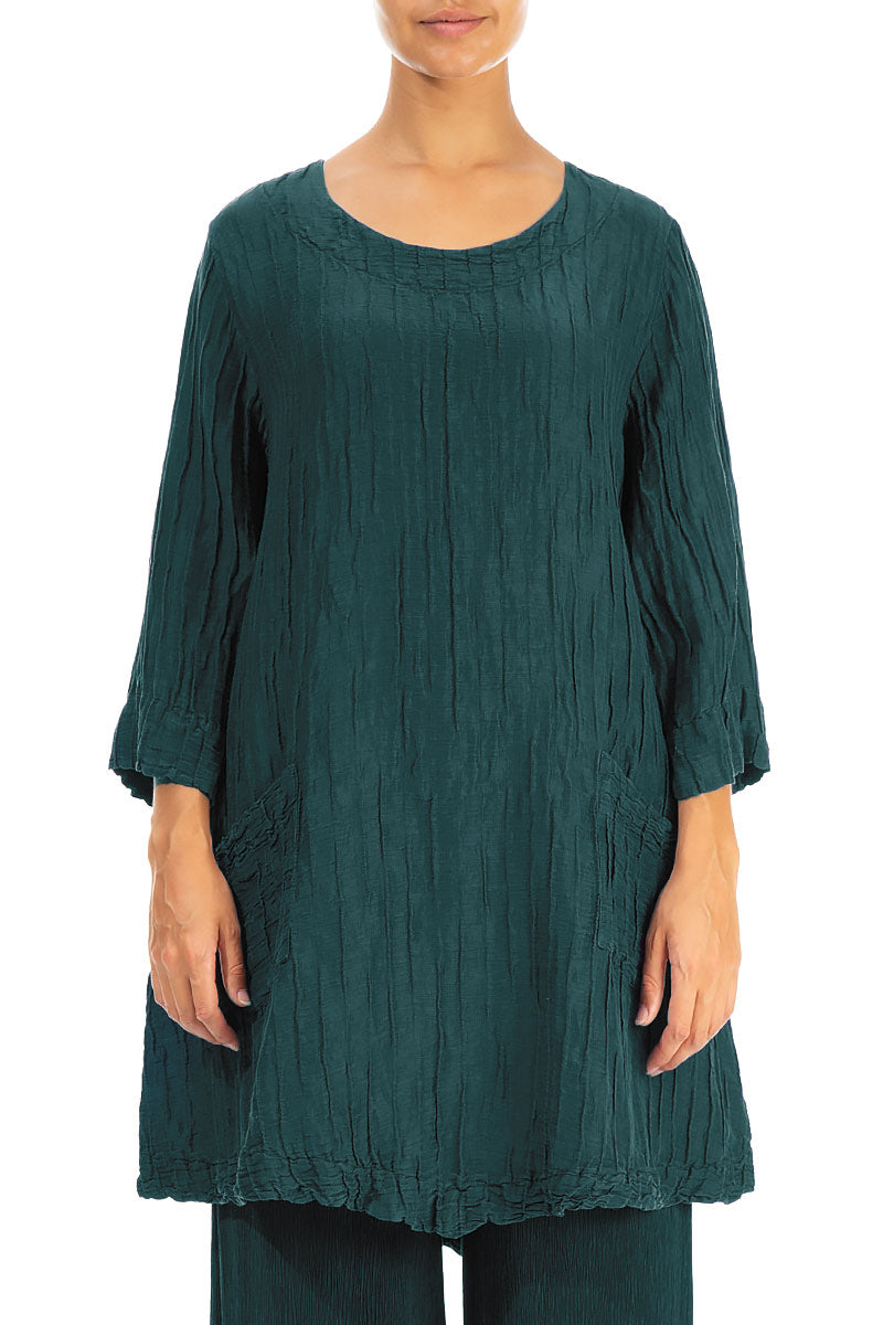 Two Pockets Crinkled Peacock Silk Linen Tunic 1
