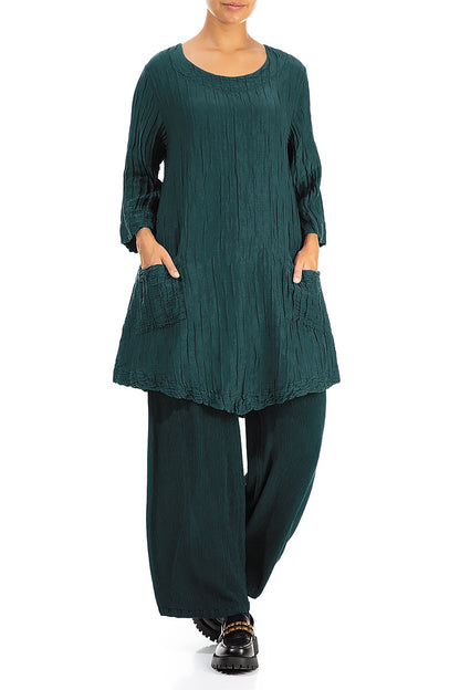 Two Pockets Crinkled Peacock Silk Linen Tunic 4