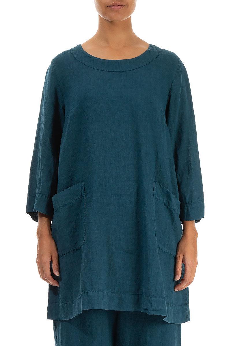 Two Pockets Dark Teal Linen Tunic