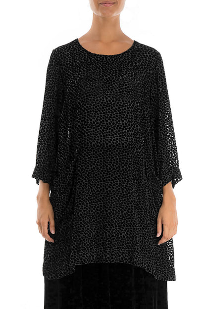 Two Pockets Devoré Dot Black Silk Velvet Tunic