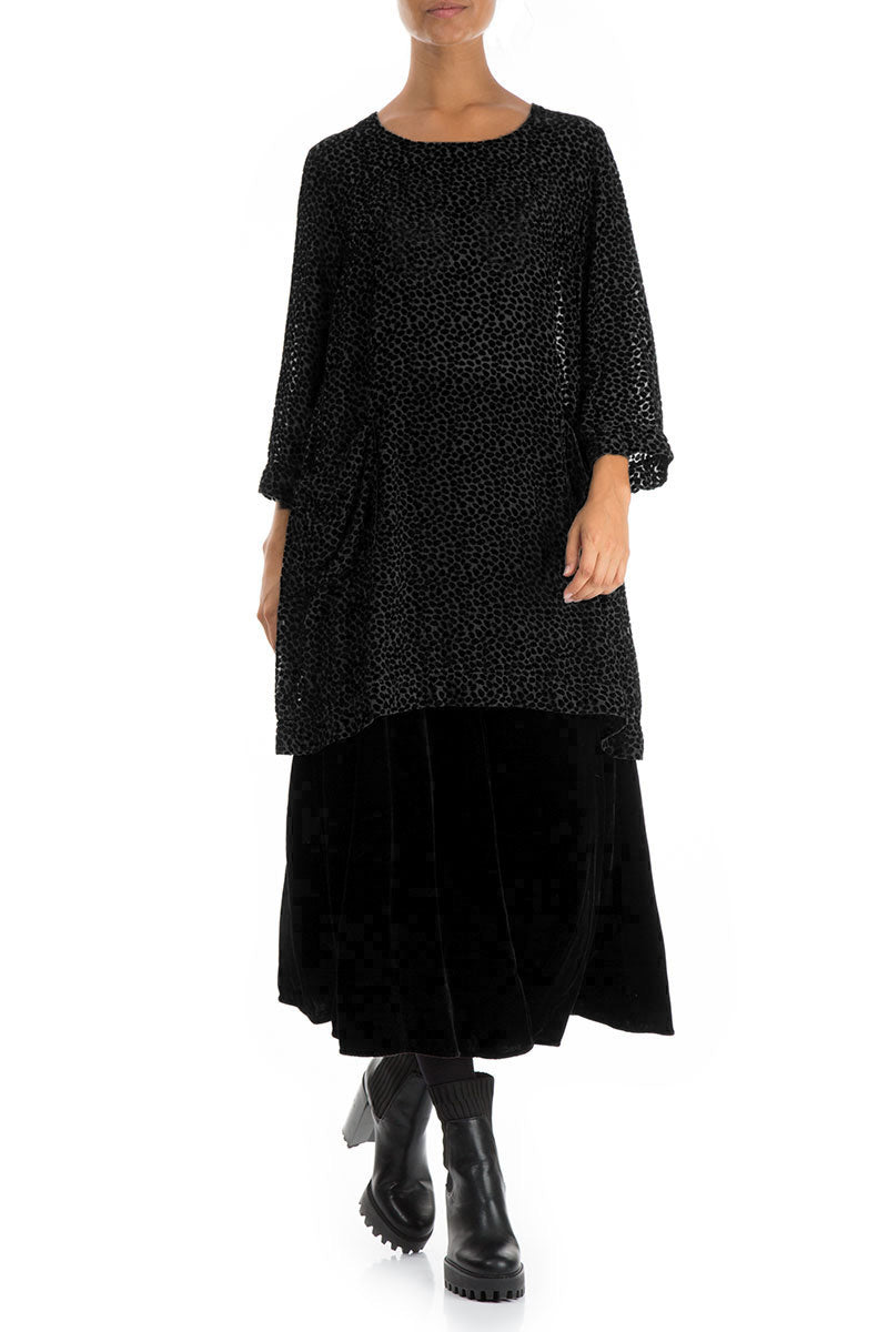 Two Pockets Devoré Dot Black Silk Velvet Tunic