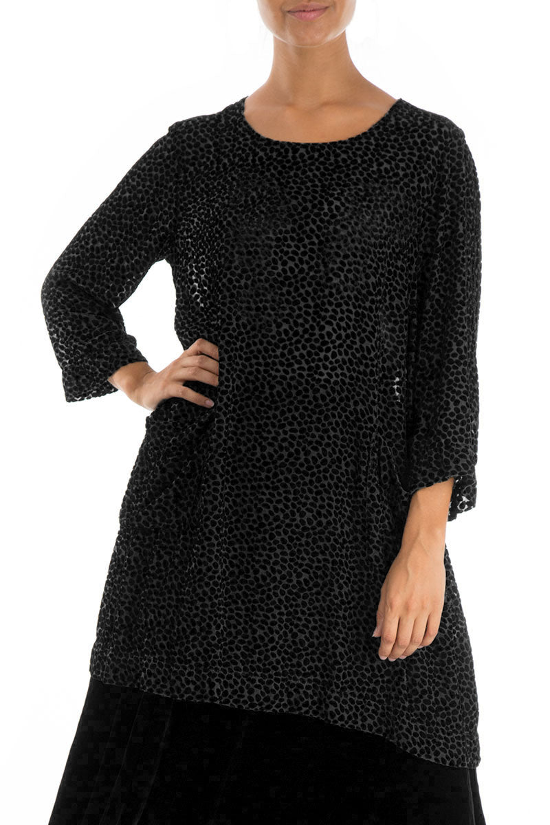 Two Pockets Devoré Dot Black Silk Velvet Tunic