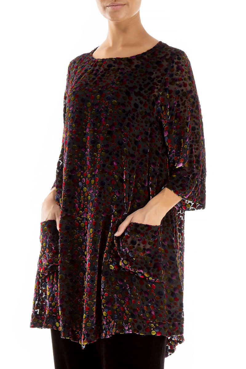 Two Pockets Festive Devoré Dot Silk Velvet Tunic