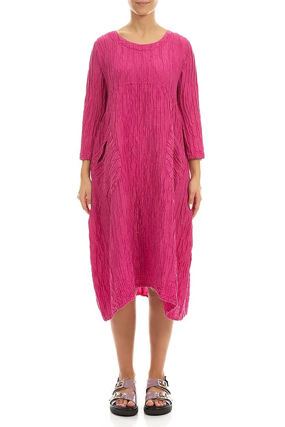 Two Pockets Fuchsia Crinkled Silk Linen Dress 1