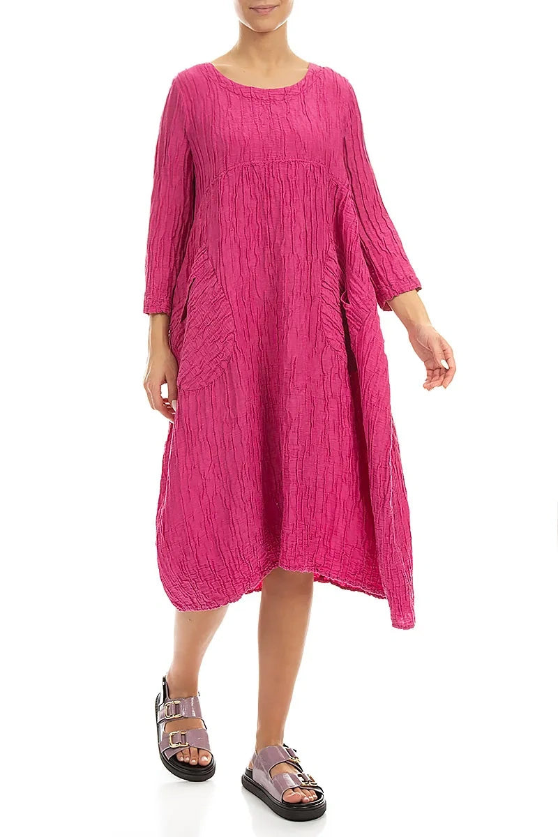 Two Pockets Fuchsia Crinkled Silk Linen Dress 3