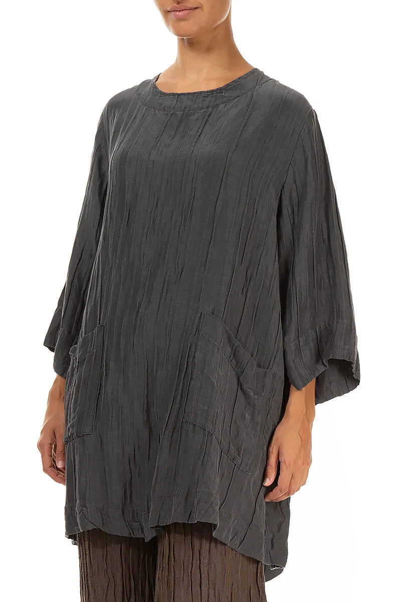 Two Pockets Grey Crinkled Silk Tunic 3