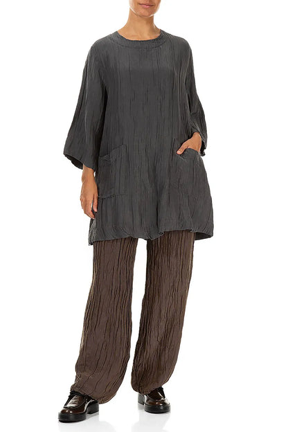 Two Pockets Grey Crinkled Silk Tunic 4