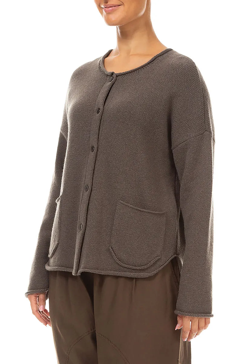 Two Pockets Khaki Brown Merino Wool Cardigan 3