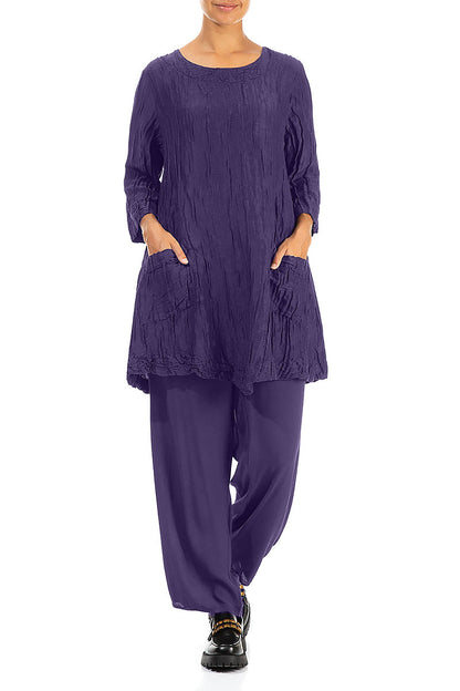 Two Pockets Purple Crinkled Silk Tunic