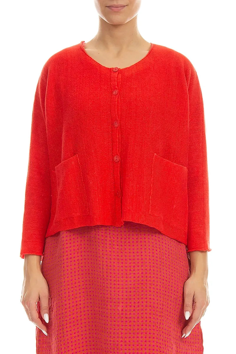 Two Pockets Red Linen Cardigan 1