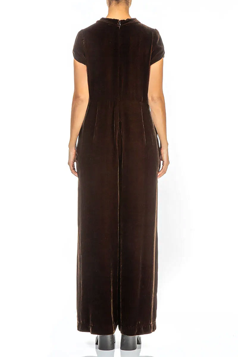 V-Neck Aged Copper Silk Velvet Jumpsuit 3