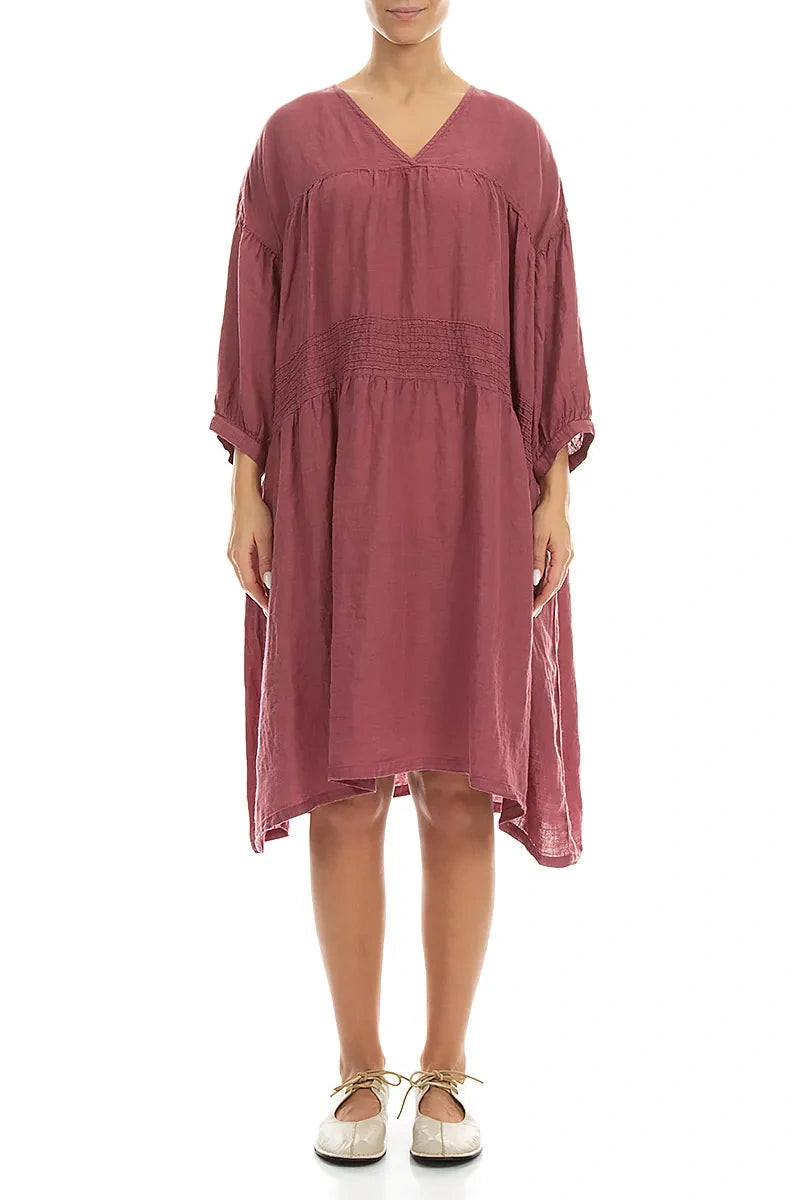 V-Neck Antique Ruby Pintuck Linen Dress