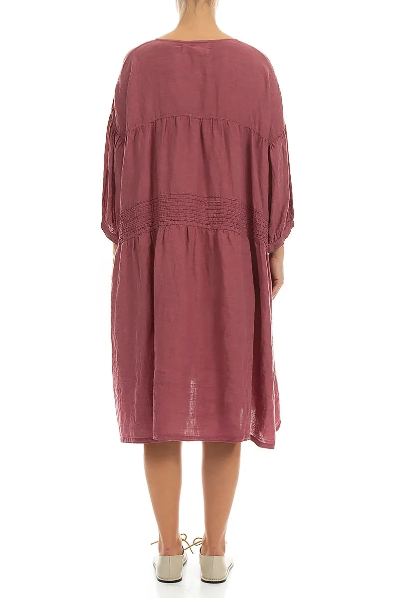 V-Neck Antique Ruby Pintuck Linen Dress