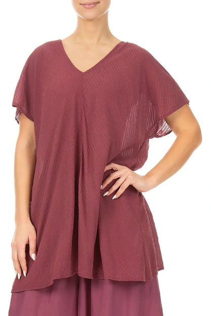 Bluse aus Seidenviskose mit V-Ausschnitt und Streifen in Antikrubinrot