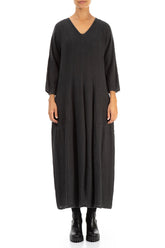 V-Neck Balloon Charcoal Linen Dress 1