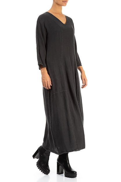 V-Neck Balloon Charcoal Linen Dress 3