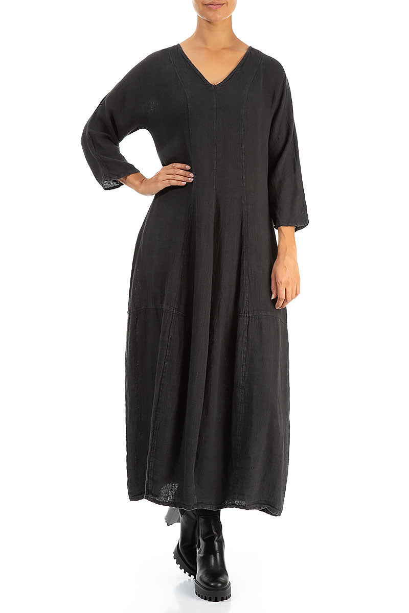 V-Neck Balloon Charcoal Linen Dress 4