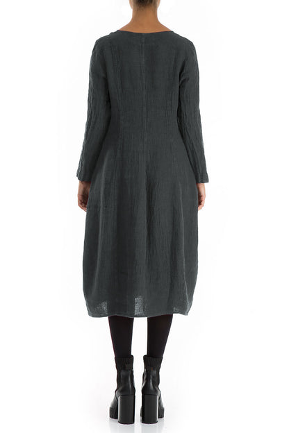 V-Neck Balloon Forest Grey Mélange Linen Dress