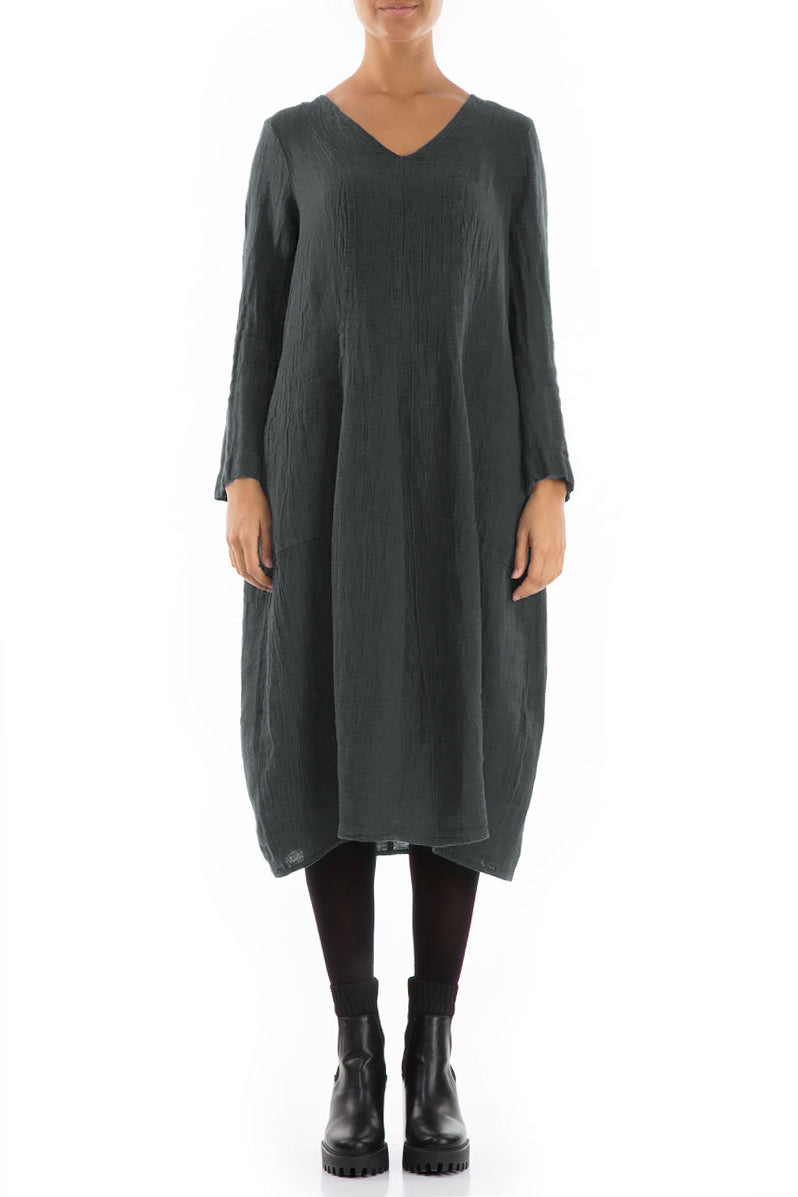 V-Neck Balloon Forest Grey Mélange Linen Dress