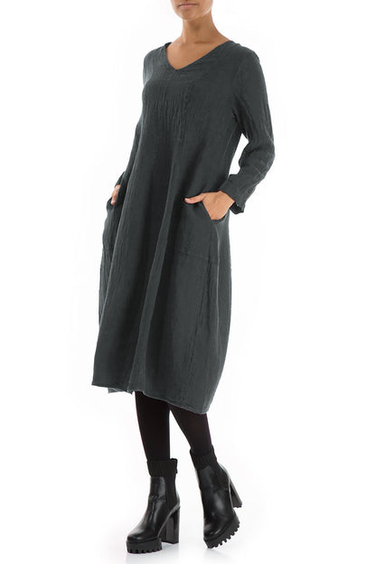 V-Neck Balloon Forest Grey Mélange Linen Dress