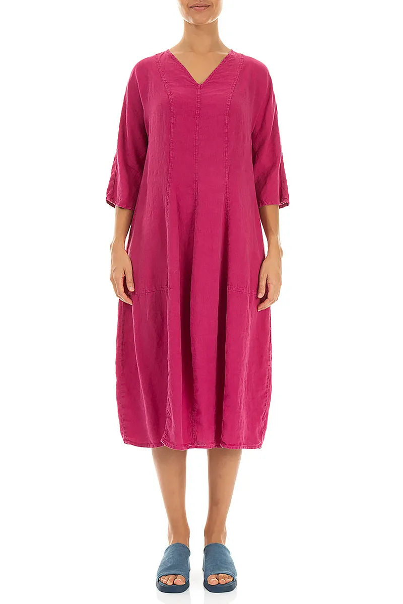 Robe en lin fuchsia col en V à manches ballon