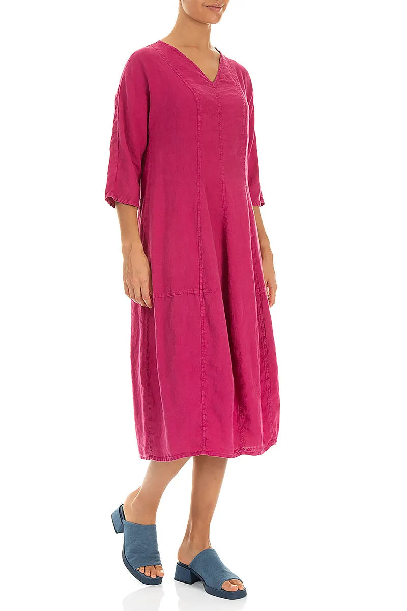Robe en lin fuchsia col en V à manches ballon