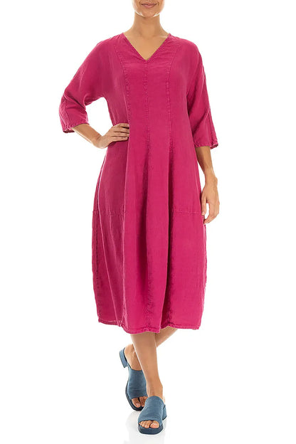 Robe en lin fuchsia col en V à manches ballon