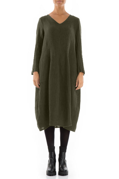 V-Neck Balloon Olive Mélange Linen Dress