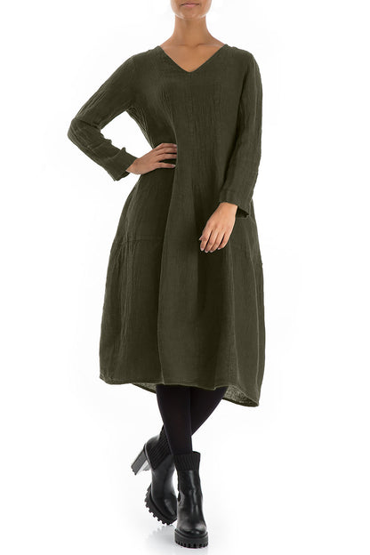 V-Neck Balloon Olive Mélange Linen Dress