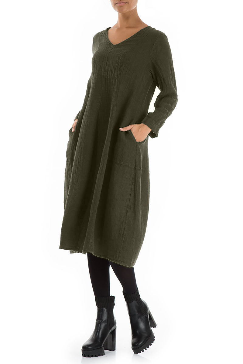 V-Neck Balloon Olive Mélange Linen Dress