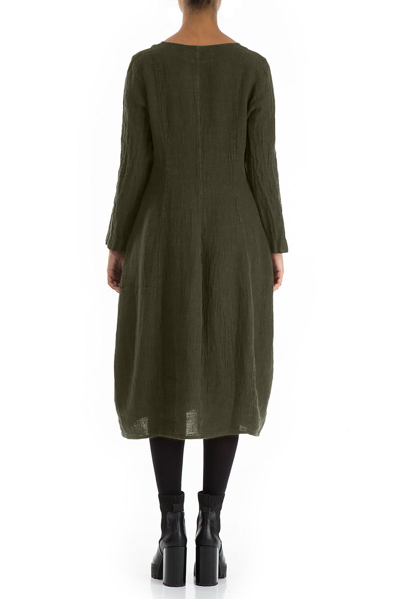 V-Neck Balloon Olive Mélange Linen Dress