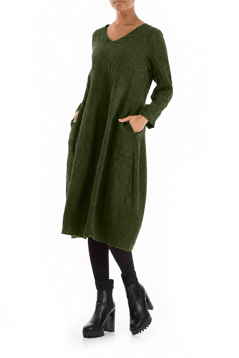 V-Neck Balloon Shamrock Green Mélange Linen Dress 3