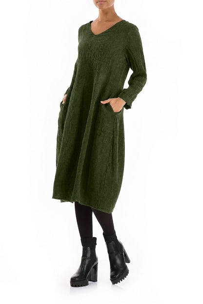 V-Neck Balloon Shamrock Green Mélange Linen Dress