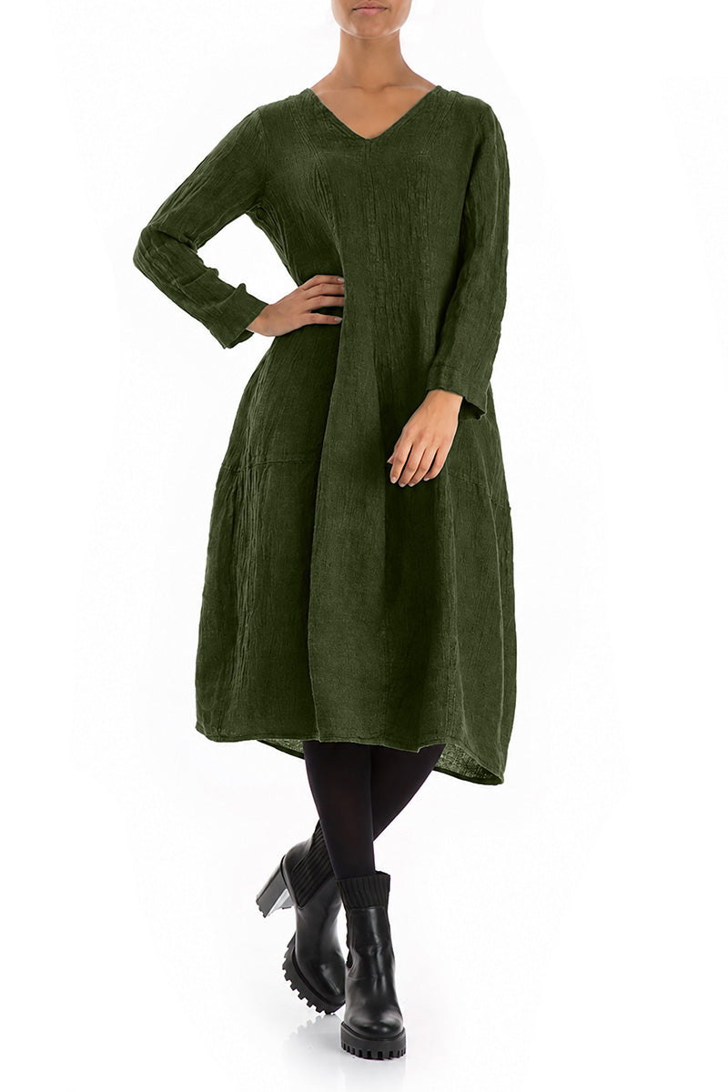 V-Neck Balloon Shamrock Green Mélange Linen Dress 4