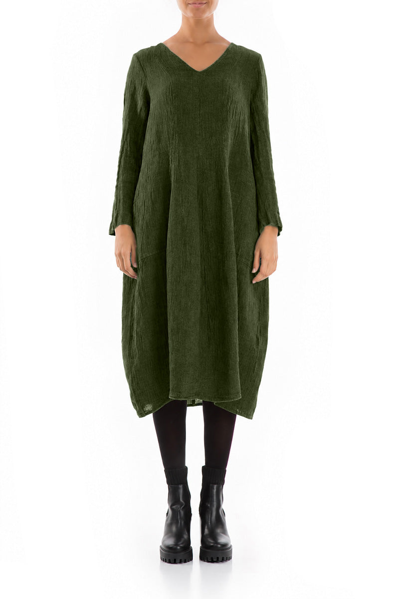 V-Neck Balloon Shamrock Green Mélange Linen Dress