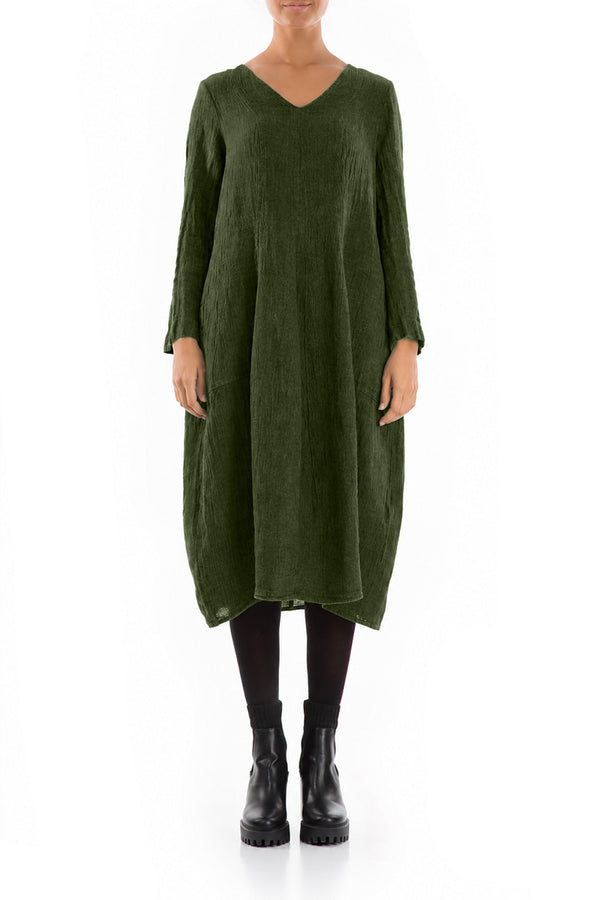 V-Neck Balloon Shamrock Green Mélange Linen Dress 1