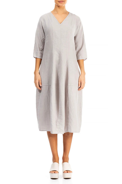 V-Neck Balloon Beige Linen Dress 1