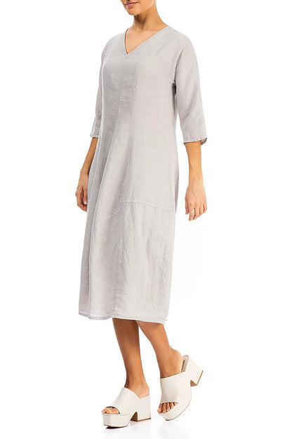 V-Neck Balloon Beige Linen Dress 4