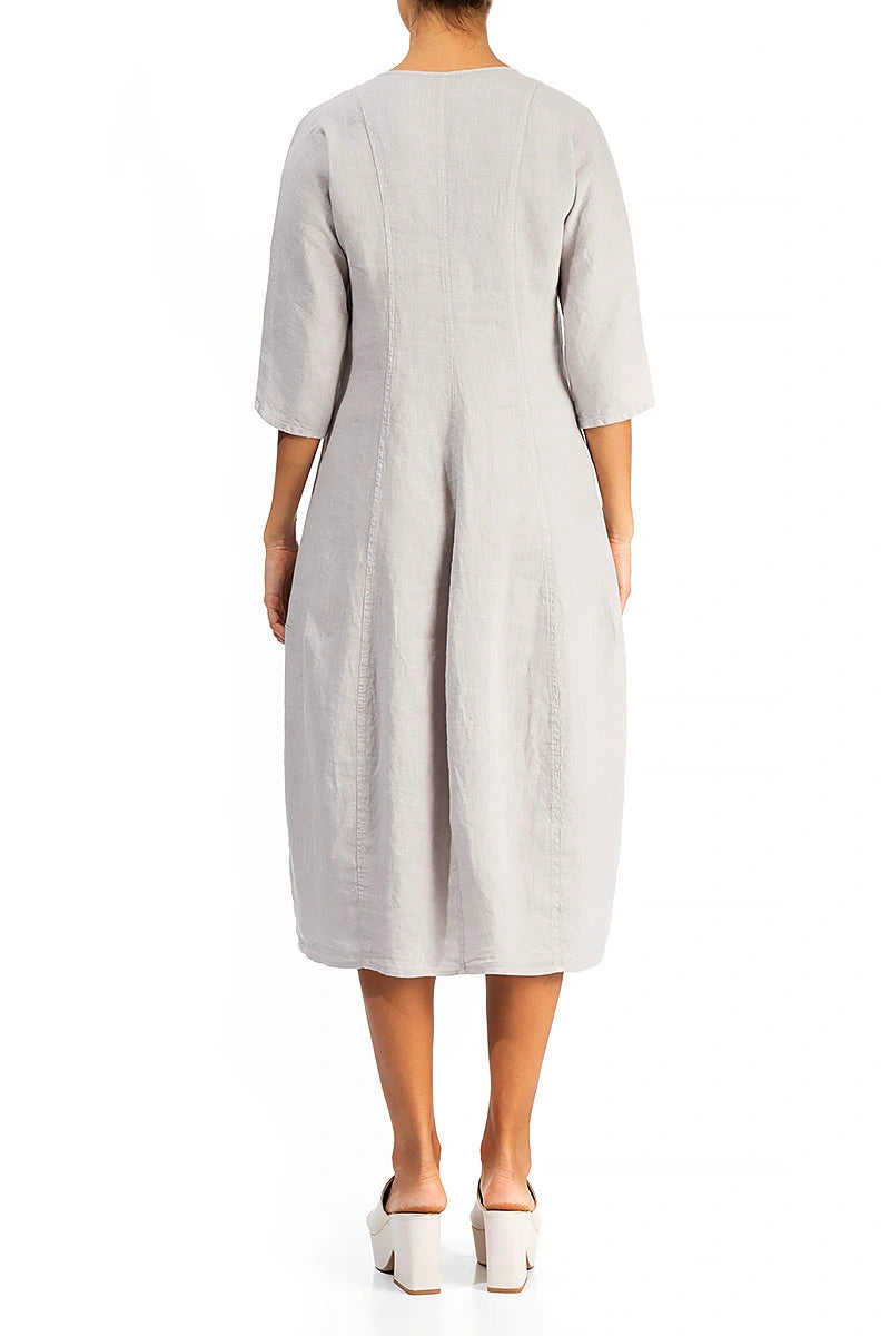 V-Neck Balloon Beige Linen Dress 2