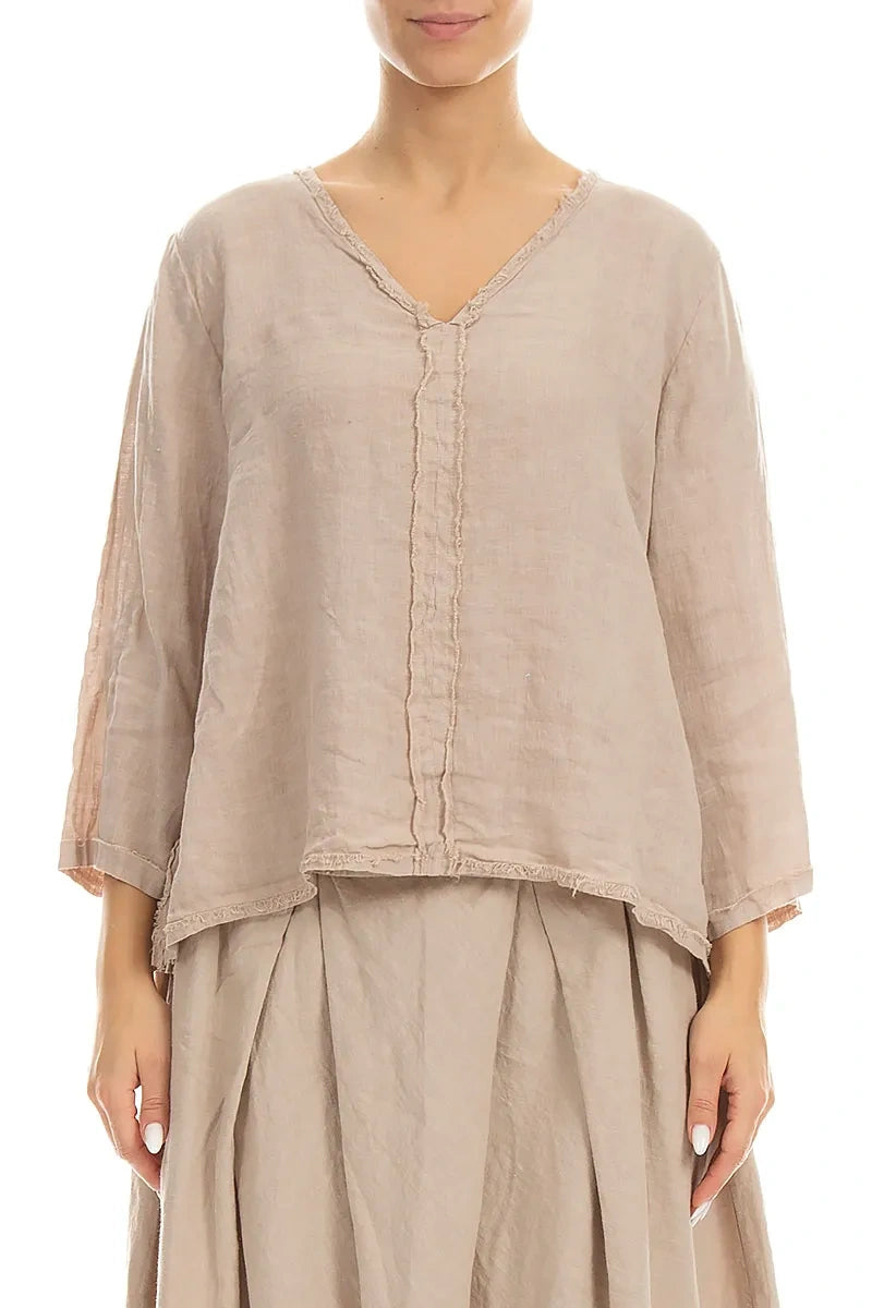 V-Neck Beige Linen Blouse 1