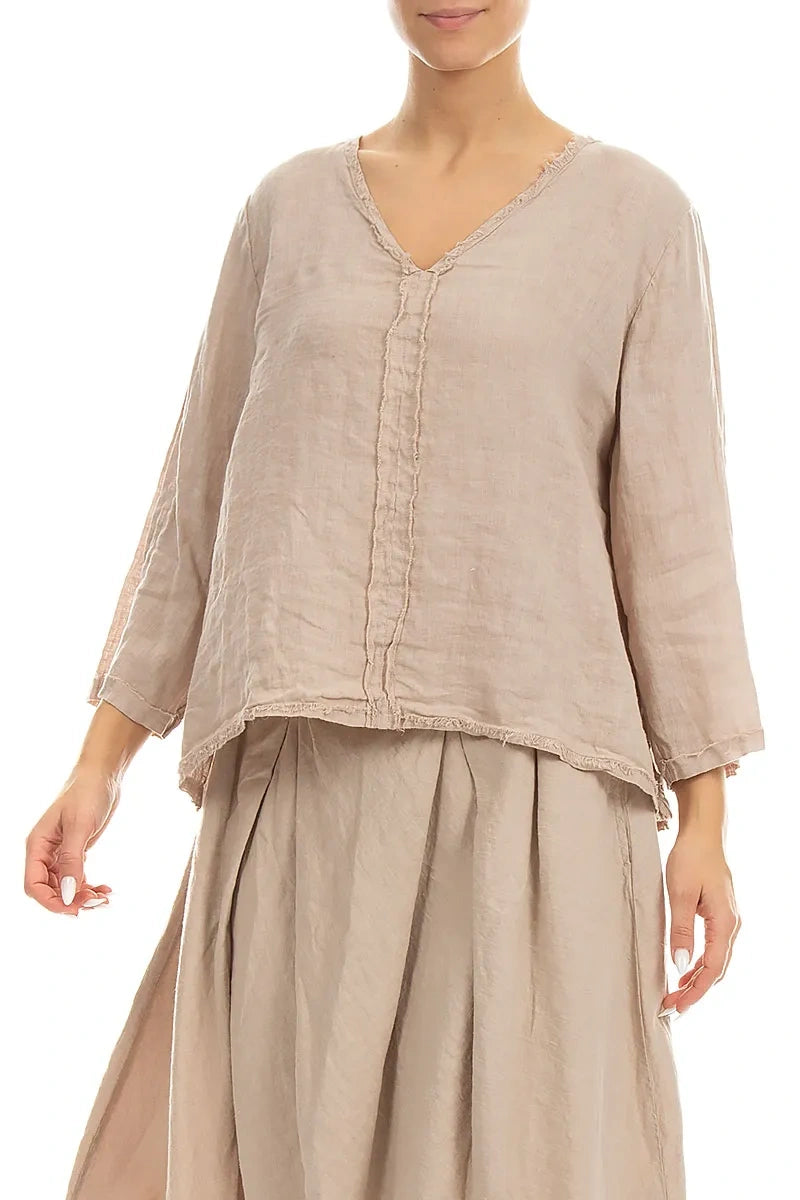 V-Neck Beige Linen Blouse 3