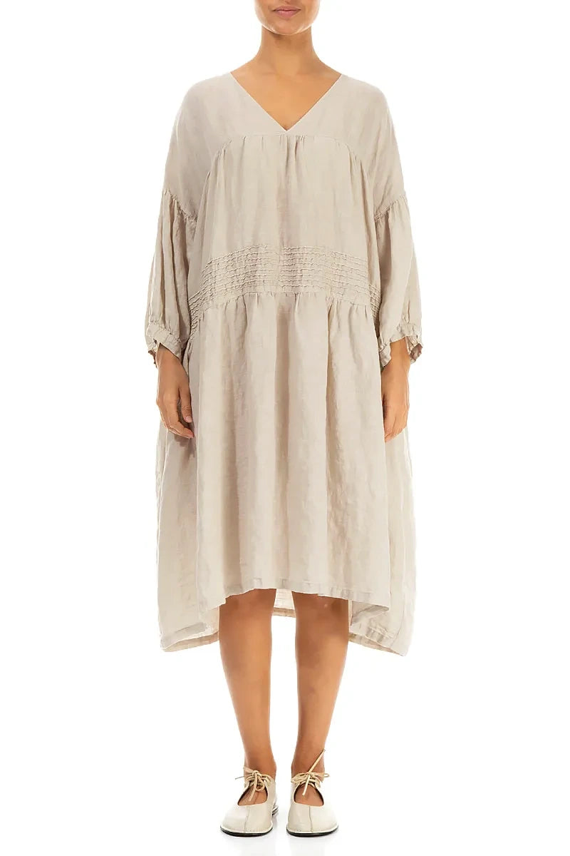 V-Neck Beige Pintuck Linen Dress