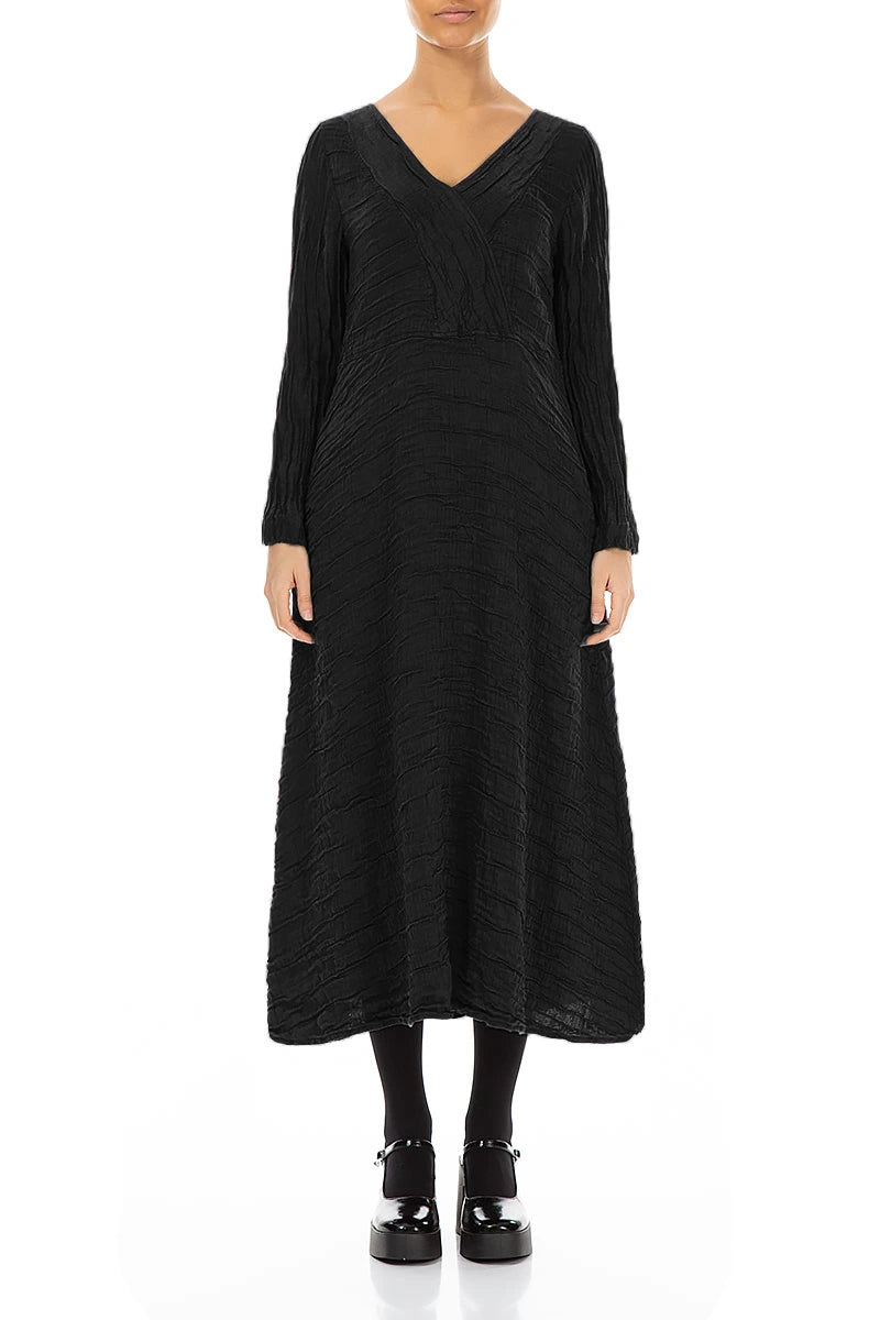 V-Neck Black Crinkled Silk Linen Dress 1