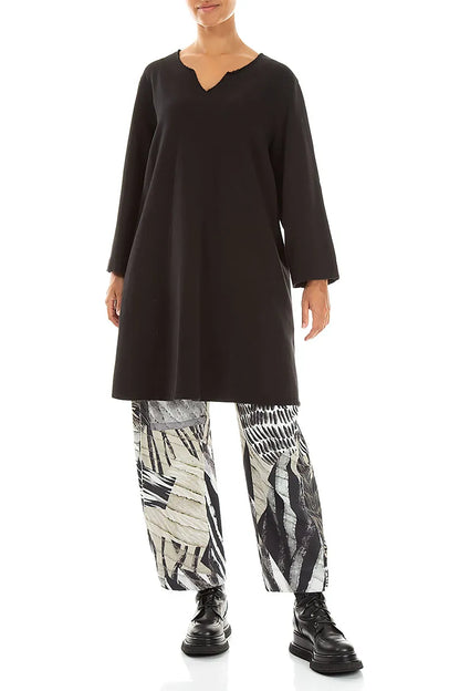 V-Neck Black French Terry Cotton Tunic
