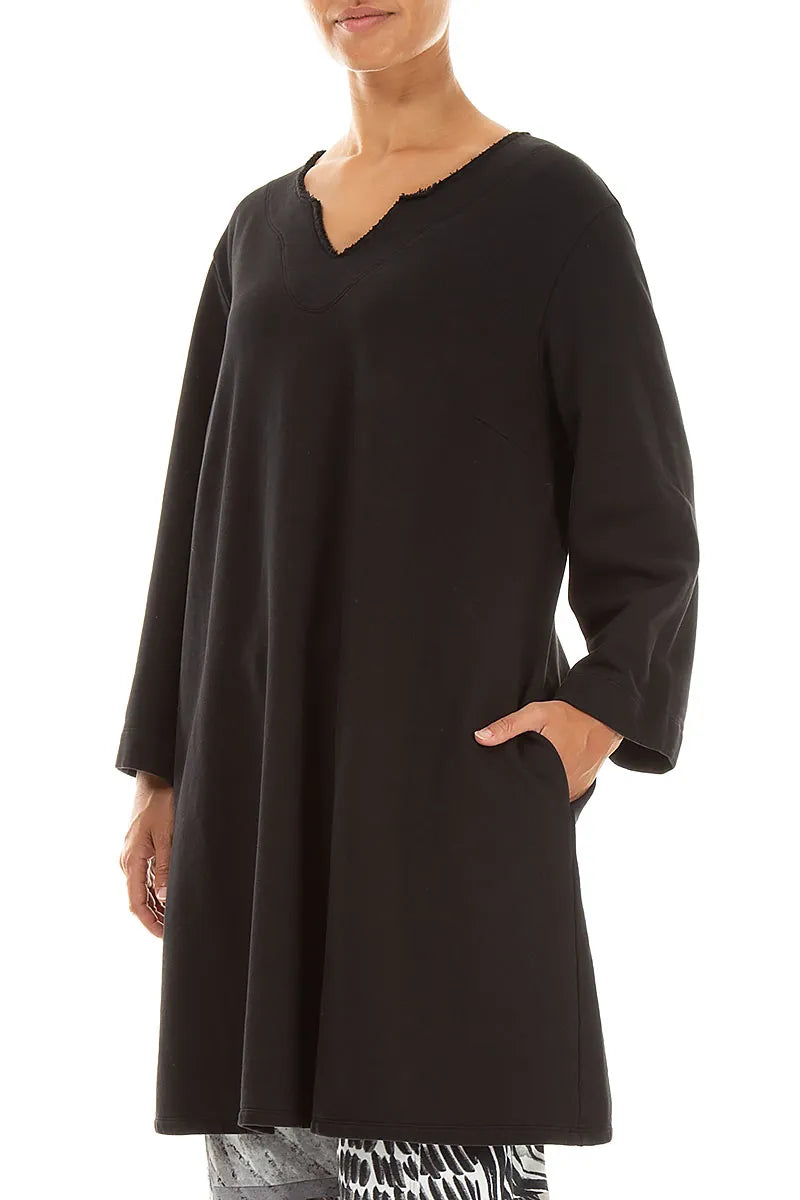 V-Neck Black French Terry Cotton Tunic