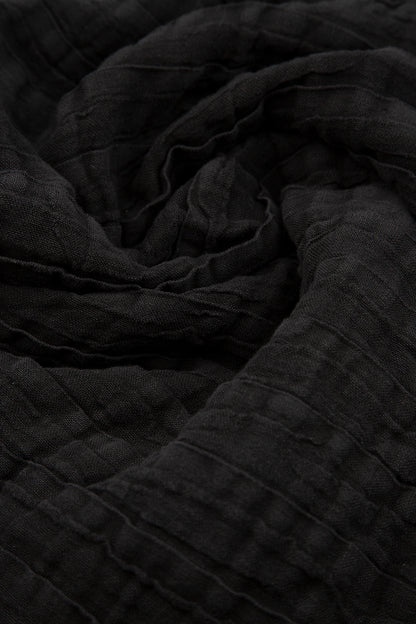 V-Neck Black Pleated Linen Dress