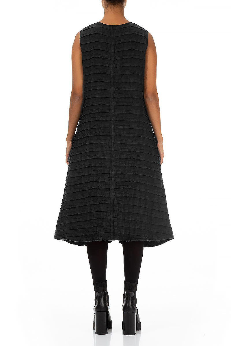 V-Neck Black Pleated Linen Dress 2