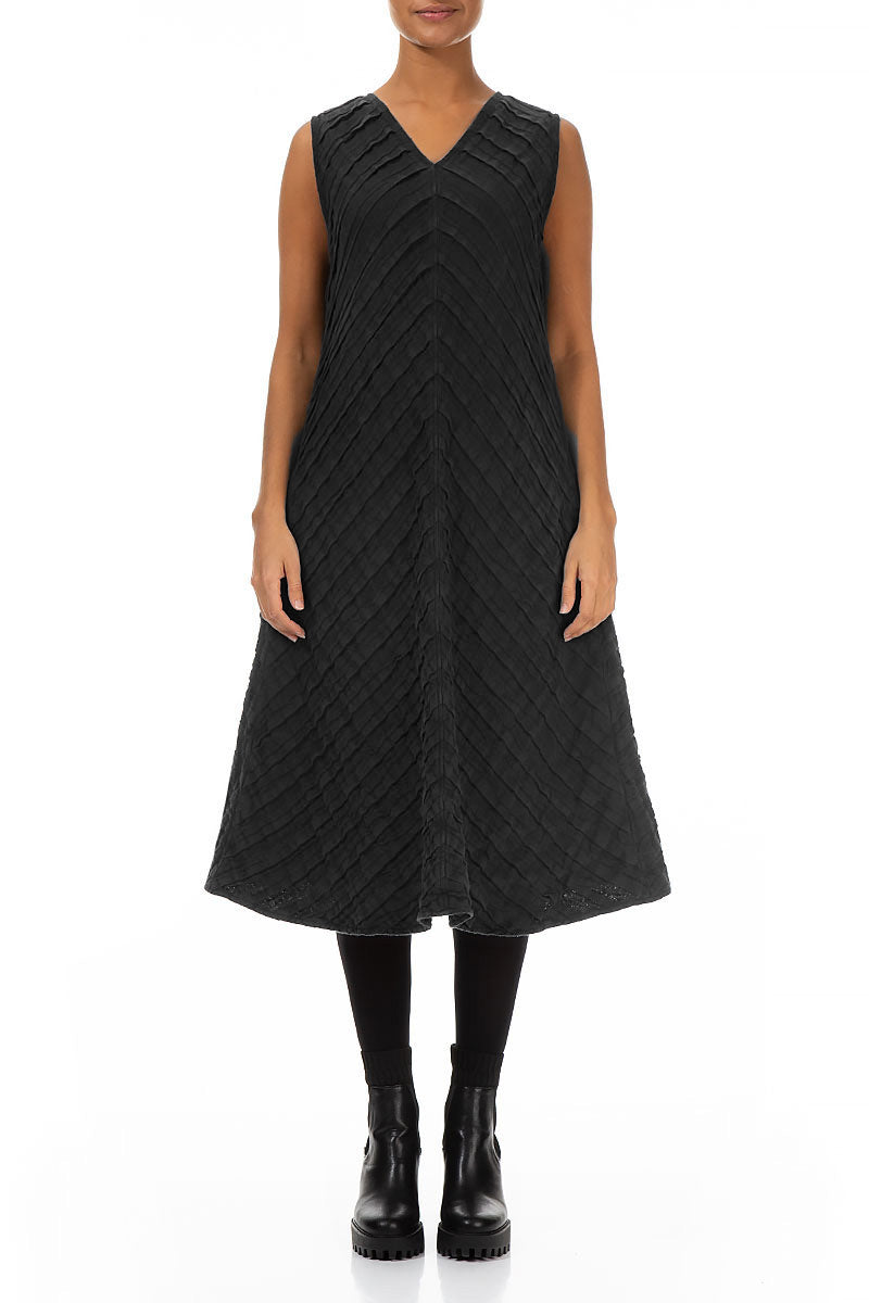 V-Neck Black Pleated Linen Dress 1