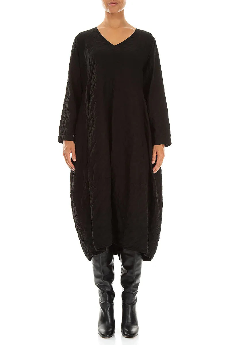V-Neck Black Pleated Silk Bamboo Dress 1