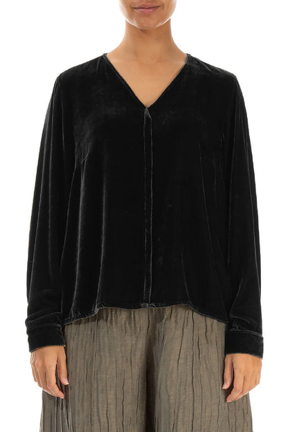 V-Neck Black Silk Velvet Blouse